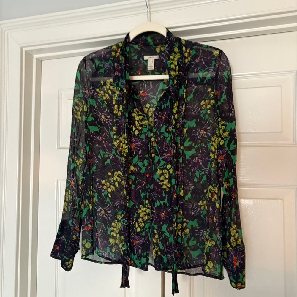 J. Crew Sheer Floral Blouse - Black and Green